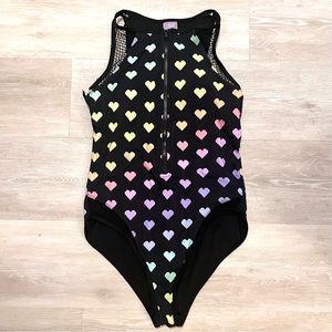 (Damaged) ihasCupcake Zip front Rainbow hearts One Piece with mesh detail